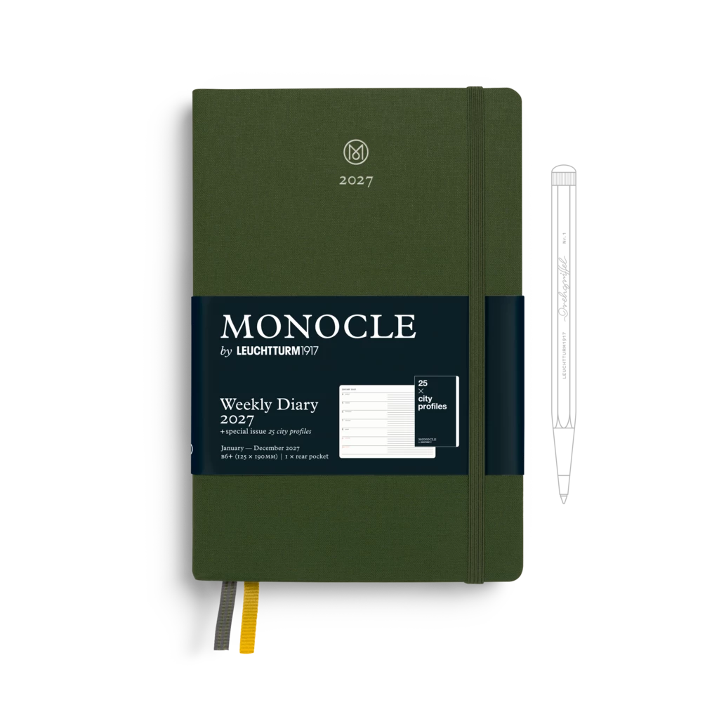 Wochenkalender & Notizbuch Monocle, Paperback (B6+) 2027, mit Extraheft, Olive, Englisch
