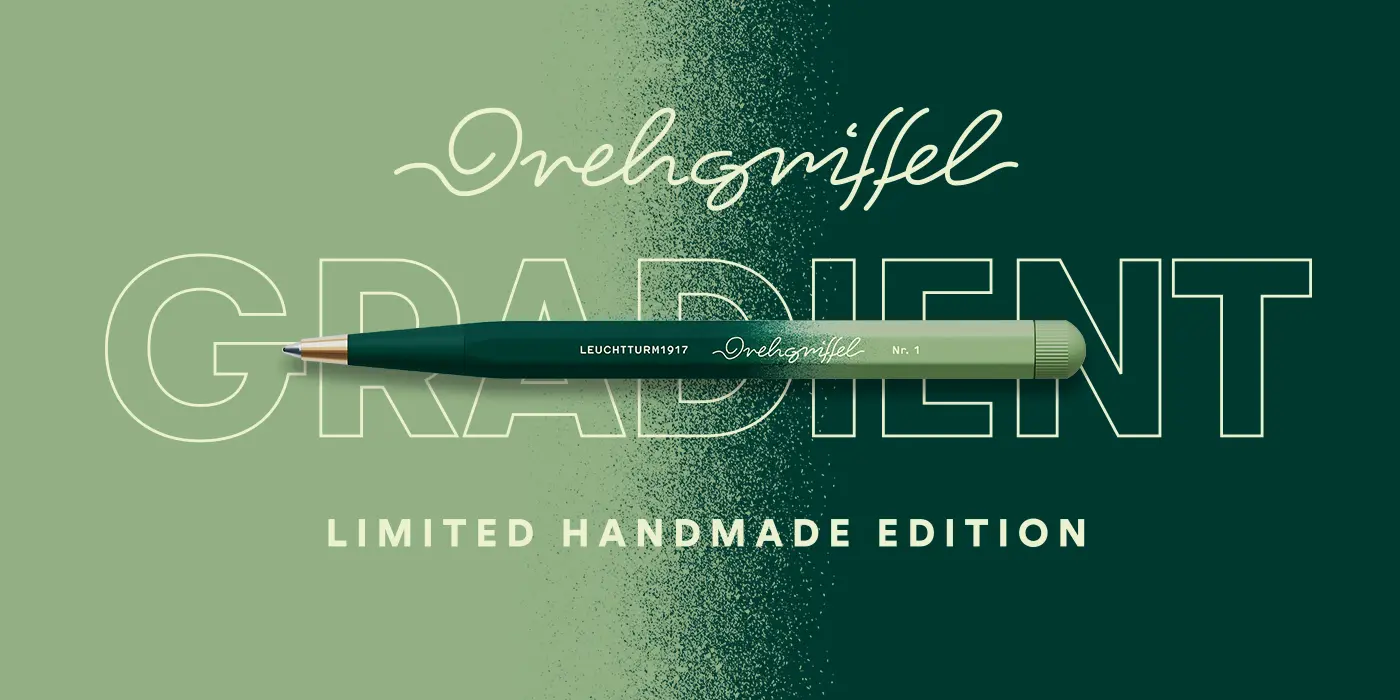 Leuchtturm1917 Drehgriffel Limited Handmade Edition in Grün. Green graphic with gradient Drehgriffel, texts “Drehgriffel”, “GRADIENT” and “LIMITED HANDMADE EDITION”.