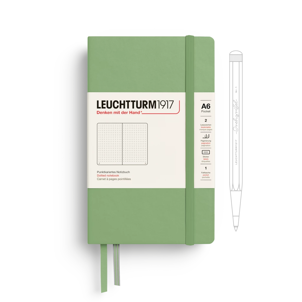 Notebook Pocket (A6), Hardcover, 187 numbered pages, Sage, dotted