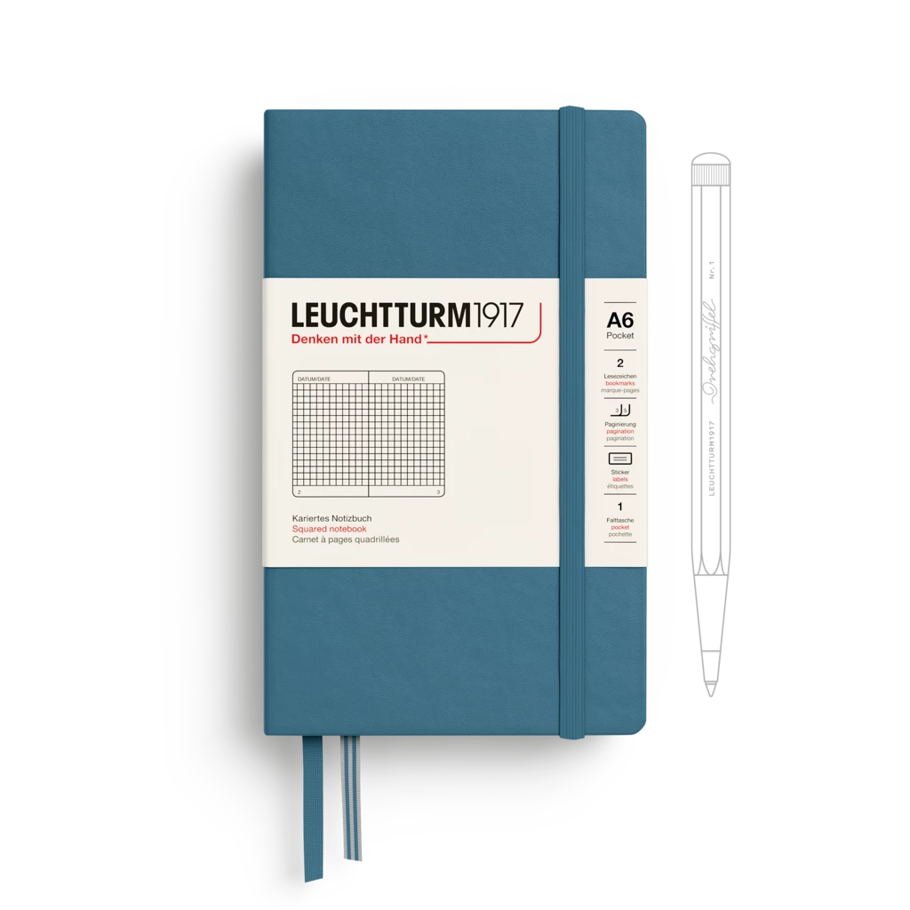 Notizbuch Pocket (A6), Hardcover, 187 nummerierte Seiten, Stone Blue, Kariert