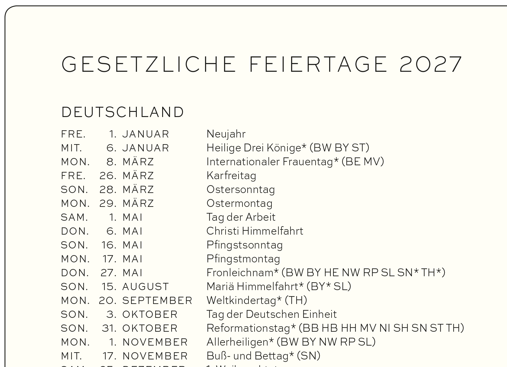 Übersicht mit Wochentag, Datum und Namen der gesetzlichen Feiertage 2027 in Deutschland.