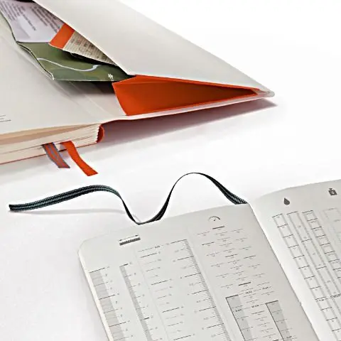 leuchtturm1917_outlines_signal-tasche-detail Open notebook with pocket, loose papers, ribbon bookmark and open pages with tables.