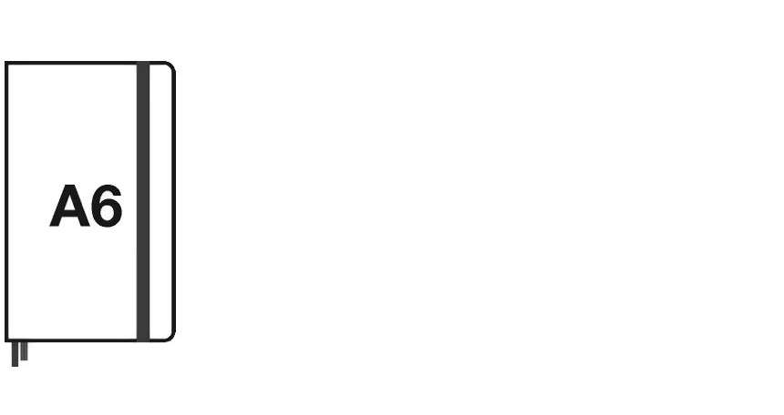 Leuchtturm1917 Piktogramm im Format A6. Graphic illustration of a book format with elastic band and bookmark, text “A6”.