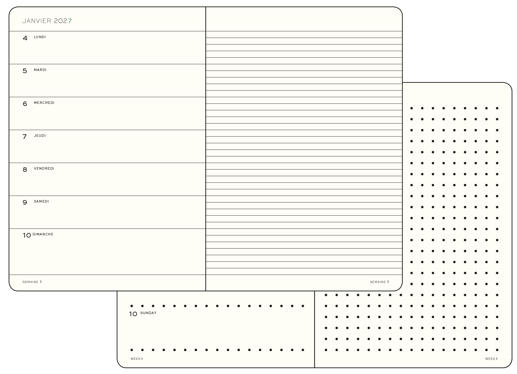 Leuchtturm1917 Kalenderguide Wochenkalender mit Notizbuch. Französischer Kalender mit Tagesfeldern einer Wochenübersicht auf einer Seite, Notizseite auf der anderen, darunter gepunkteten Seiten abgebildet.