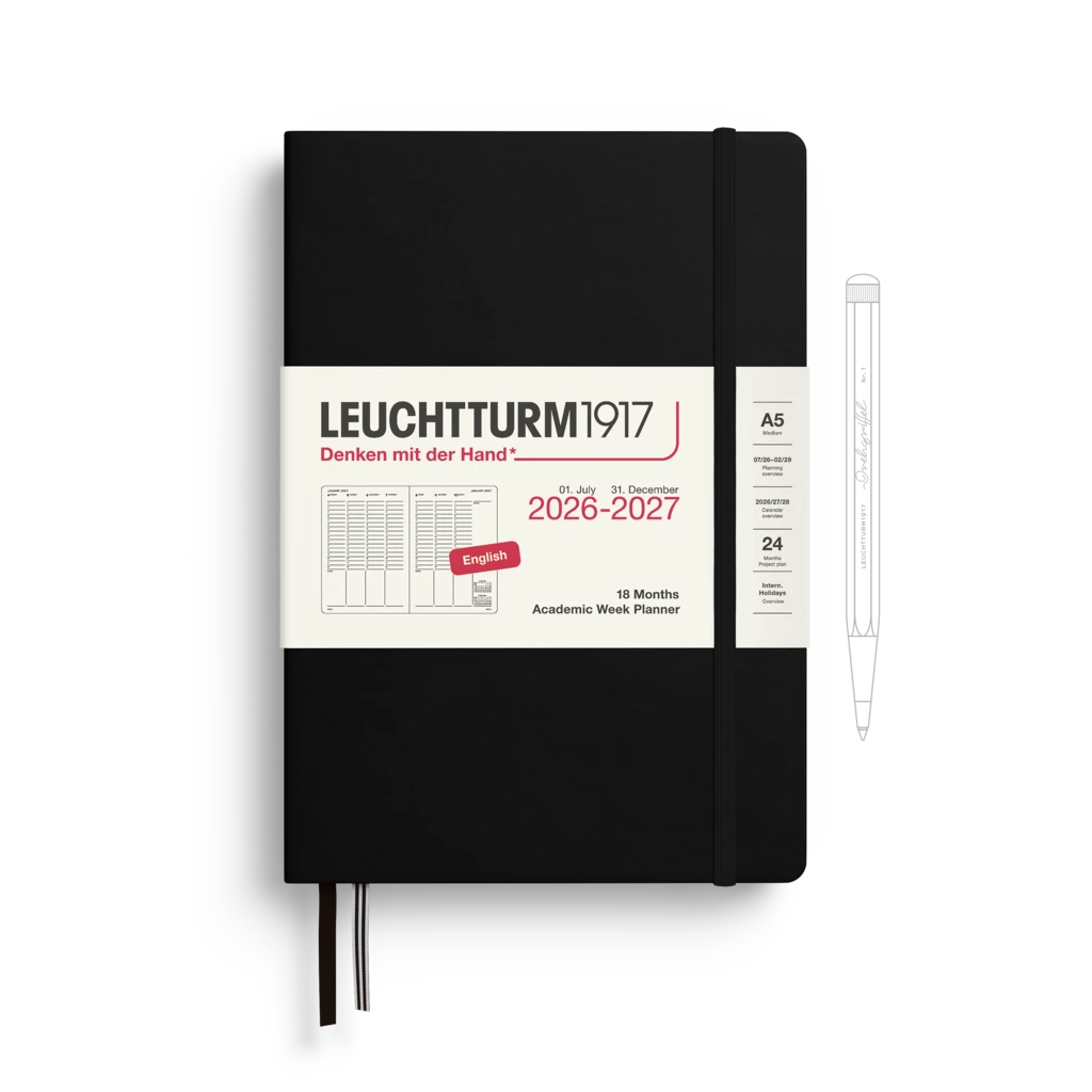 Akademischer Wochenplaner Medium (A5) 2027, 18 Monate, Schwarz, Englisch