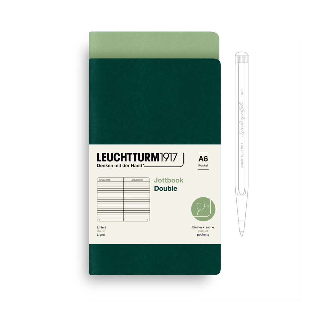 Jottbook (A6), 59 nummerierte Seiten, Liniert, Salbei und Forest Green, im Doppelpack Jottbook (A6), 59 nummerierte Seiten, Liniert, Salbei und Forest Green, im Doppelpack