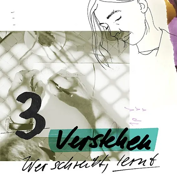 Collage aus einer zeichnenden Hand, einer gezeichneten Kopfskizze und den handschriftlichen Worten „Verstehen“ und „Wer schreibt, lernt“.