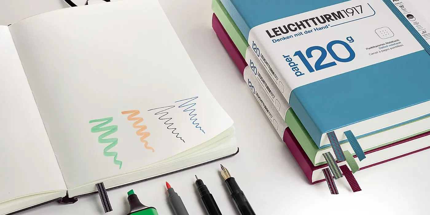 Edition 120G aufgeschlagen mit Filsstiftzeichnungen und Stapel Notizbücher