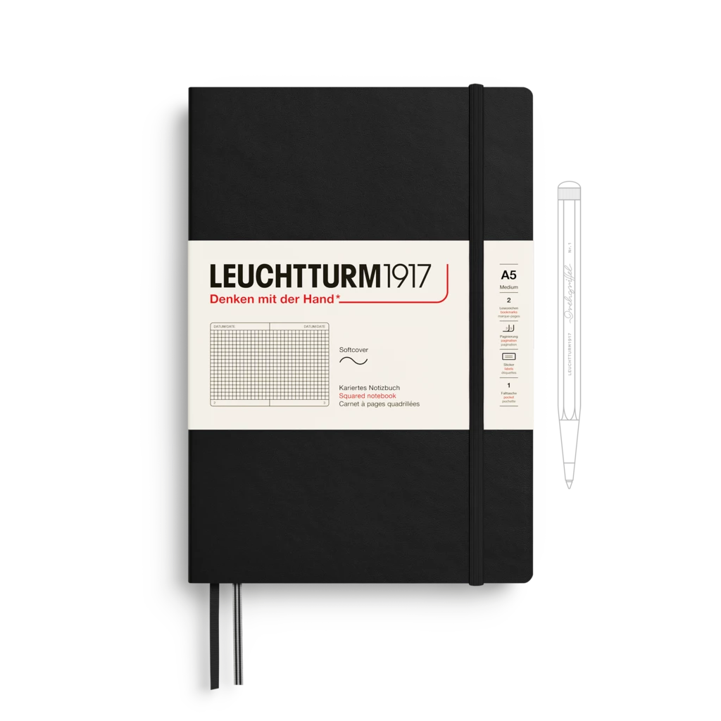 Notizbuch Medium (A5), Softcover, 123 nummerierte Seiten, Schwarz, Kariert Notizbuch Medium (A5), Softcover, 123 nummerierte Seiten, Schwarz, Kariert