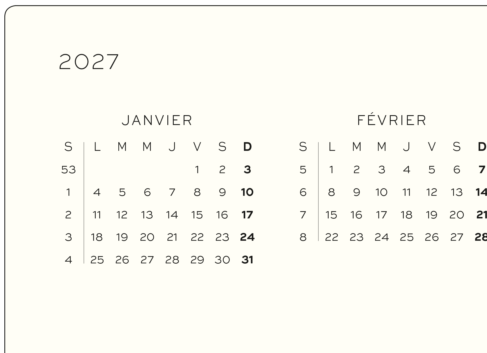 Monatsübersicht 2027 einer französischen Agenda mit Kalendern für Januar und Februar.