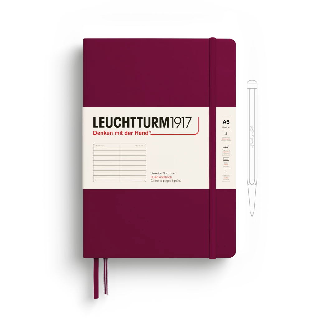 Notebook Medium (A5), Hardcover, 251 numbered pages, Port Red, ruled
