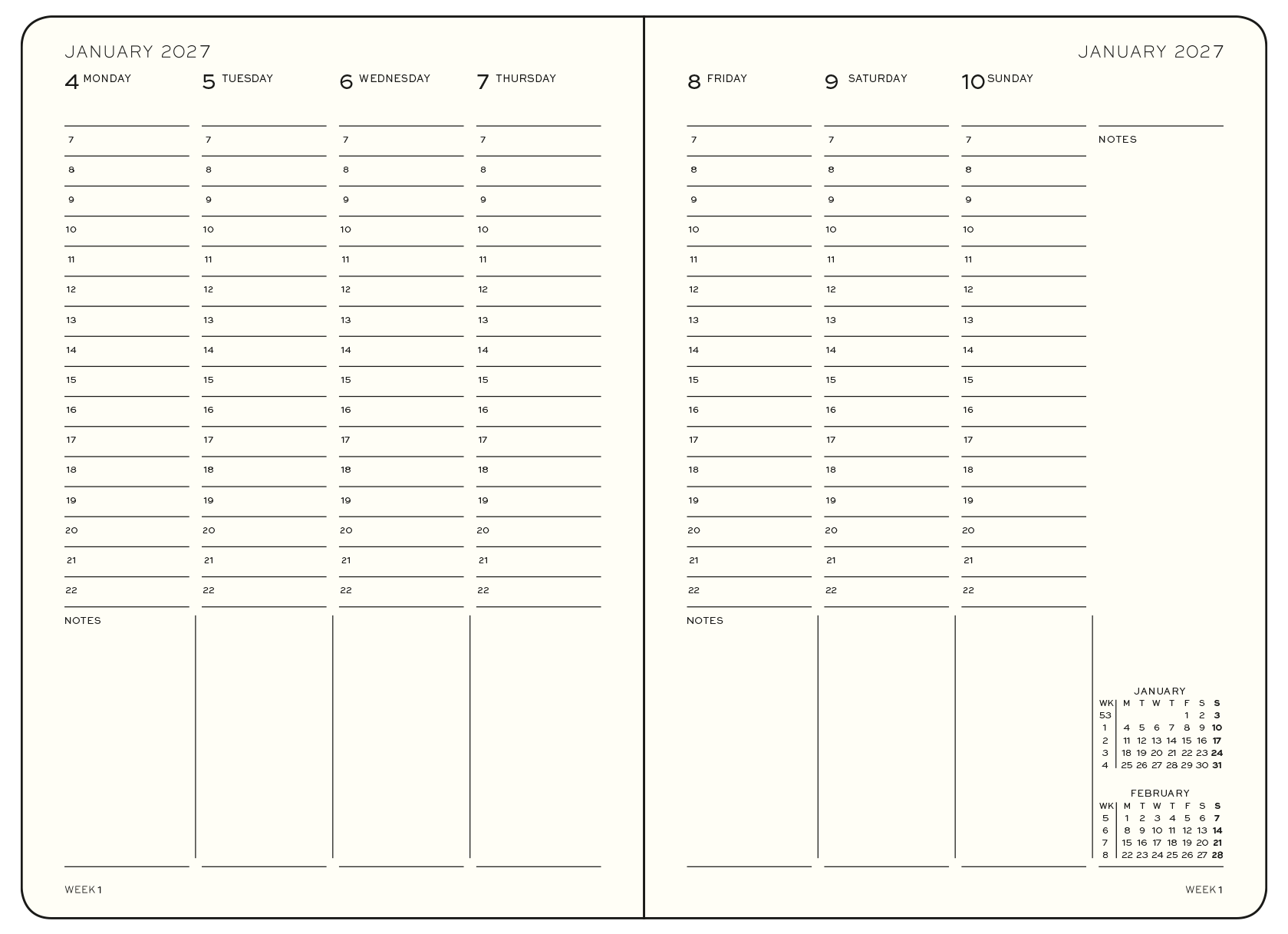 Englische Beispielseite eines Kalenders, Wochenansicht, einzelne Tage als vertikale Spalten dargestellt.