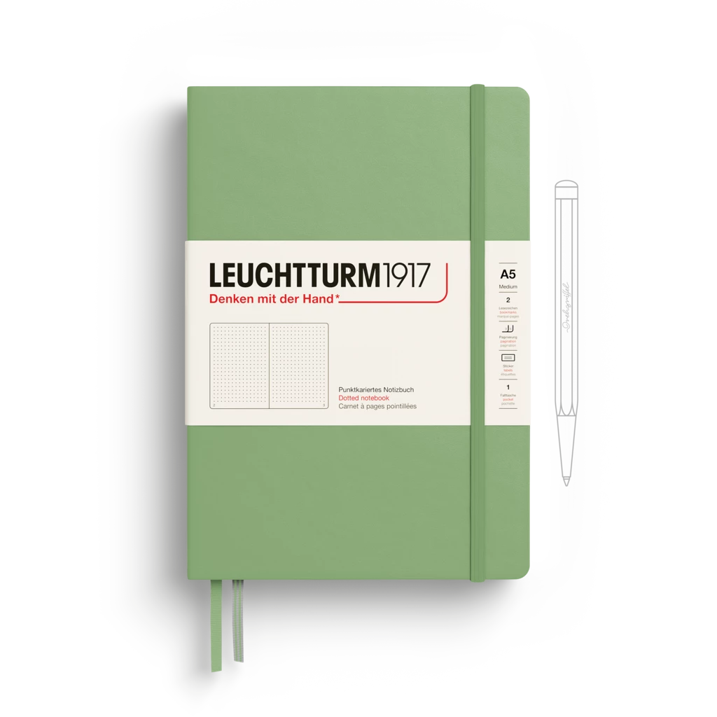 Notebook Medium (A5), Hardcover, 251 numbered pages, Sage, dotted