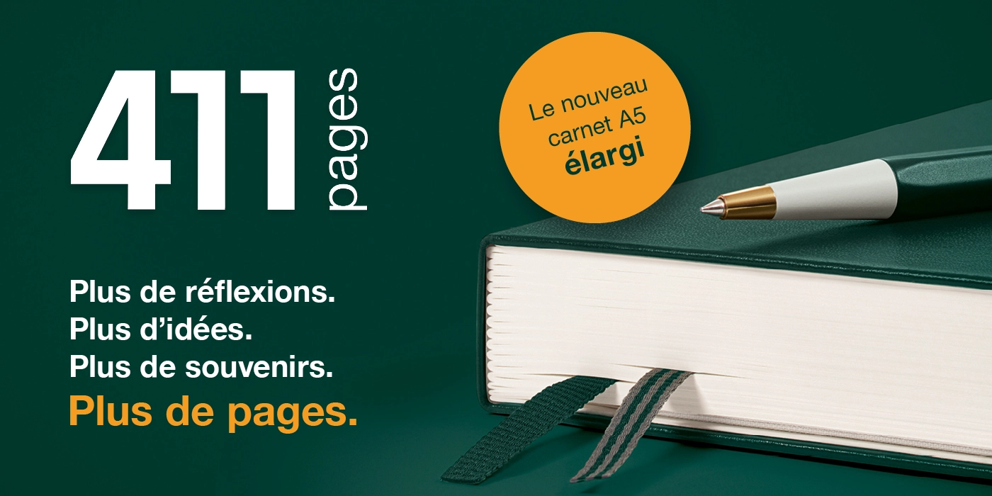 Carnet vert avec tranche des pages, signets, Drehgriffel, texte « 411 pages » et « Plus de pages. ».