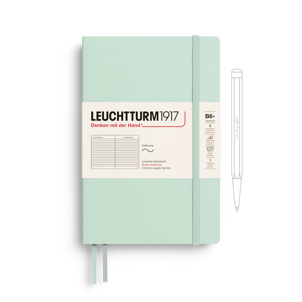 Notizbuch Paperback (B6+), Softcover, 123 nummerierte Seiten, Mint Green, Liniert