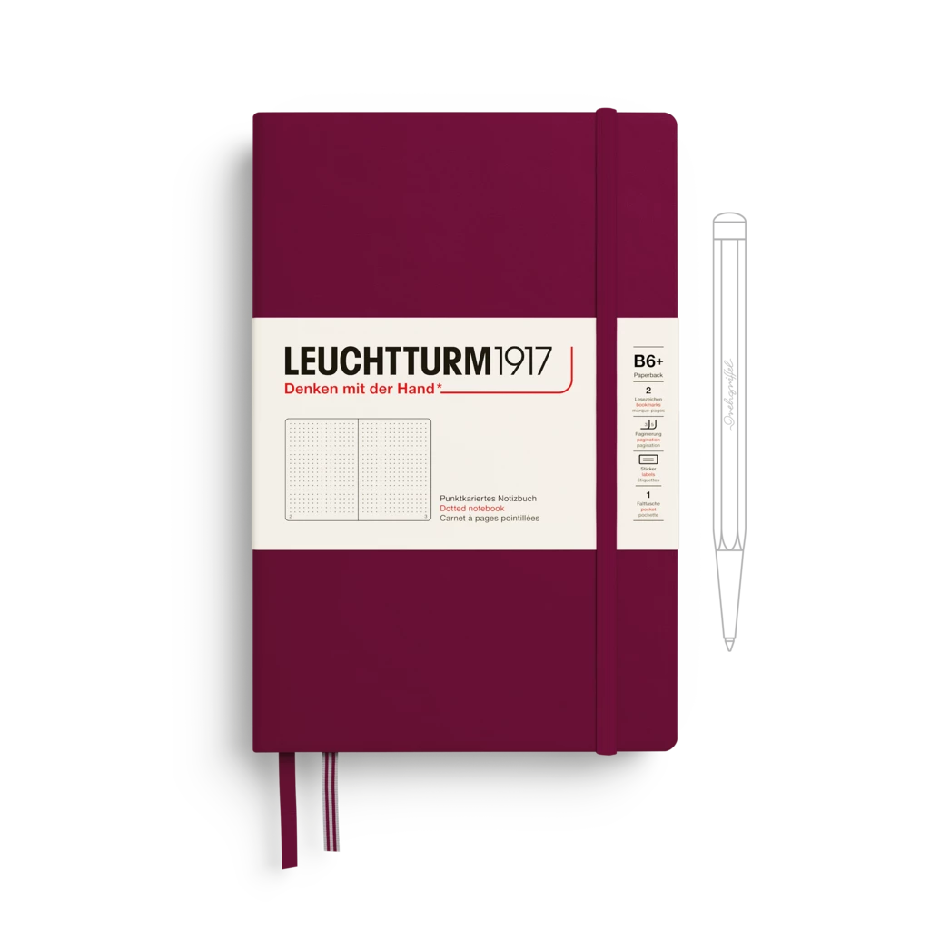 Notizbuch Paperback (B6+), Hardcover, 219 nummerierte Seiten, Port Red, Dotted