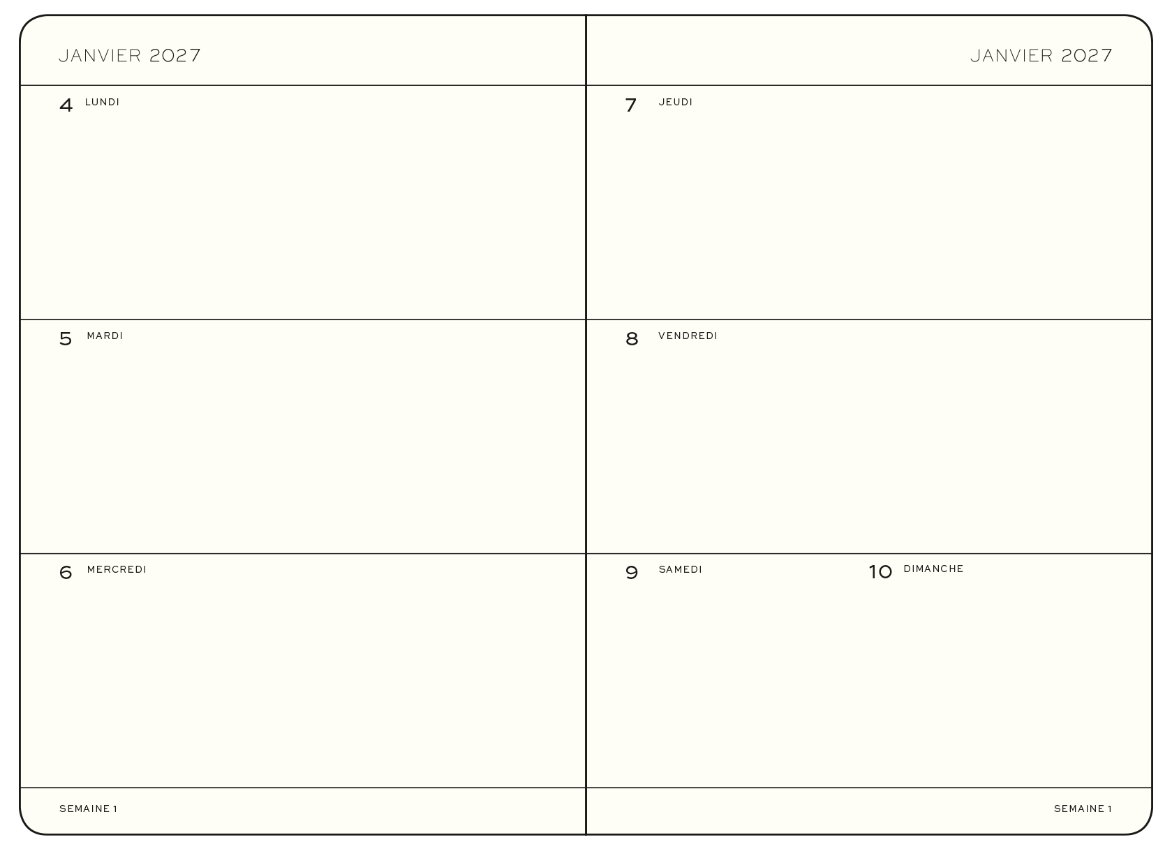 Leuchtturm1917 Kalenderguide: französischer Wochenkalender 2027 Medium. Januar Beispielseite eines französischen 2027 Kalenders mit Wochenansicht mit sechs Tagesfeldern, Samstag und Sonntag in einem.