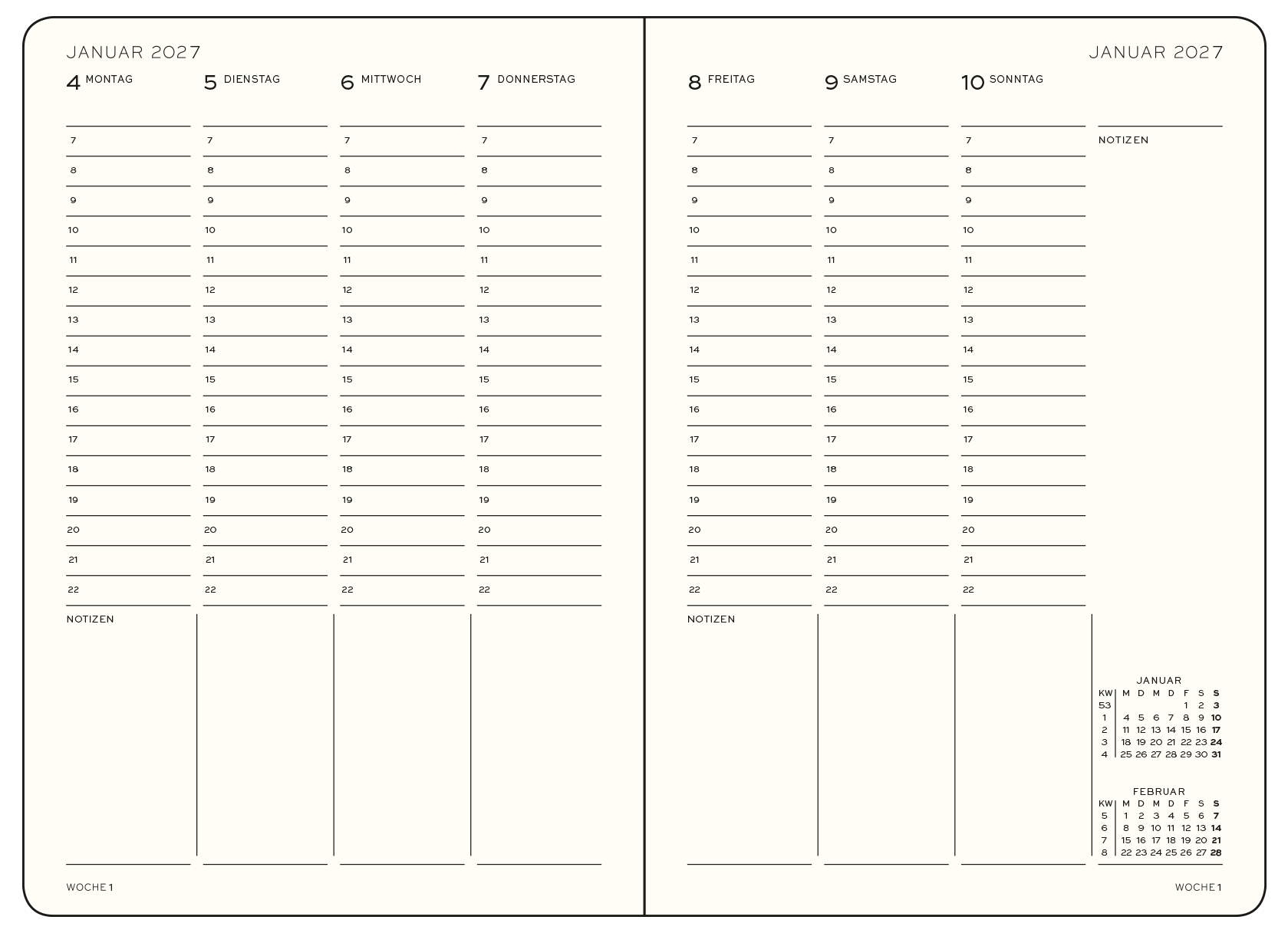 Wochenübersicht Januar 2026, Kalender mit Stundenzeilen, Notizspalten darunter und Monatsübersicht und Wochennummern.