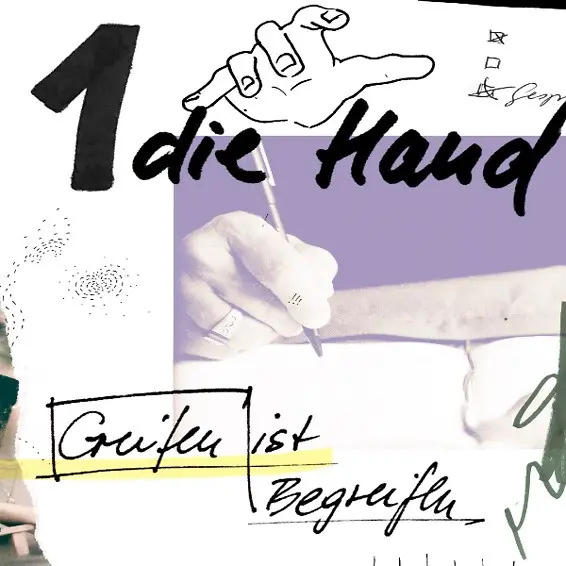 Collage aus einer zeichnenden Hand, handschriftlichen Worten wie „die Hand“ und „Greifen ist Begreifen“ sowie skizzenhaften grafischen Elementen auf hellem Hintergrund.