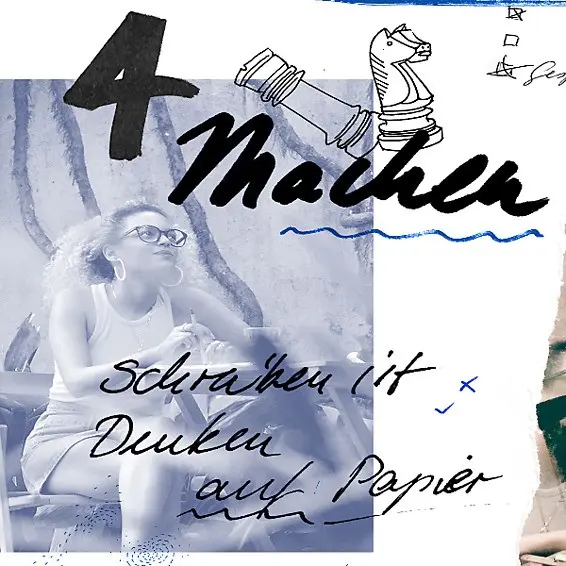Collage aus einer sitzenden, schreibenden Person, handschriftlichen Worten wie „Machen“ und „Schreiben ist Denken auf Papier“ sowie grafischen Elementen wie Schachfiguren.