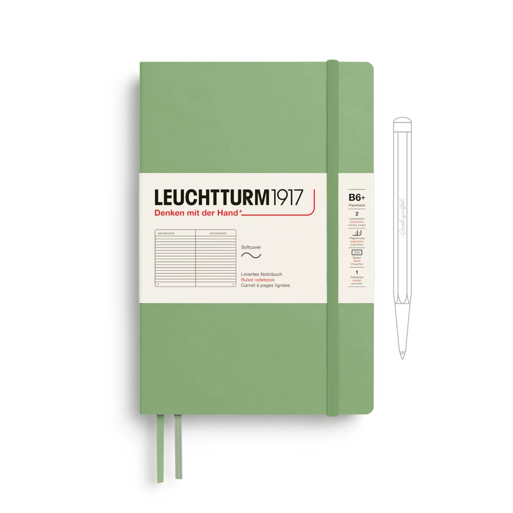 Notizbuch Paperback (B6+), Softcover, 123 nummerierte Seiten, Salbei, Liniert