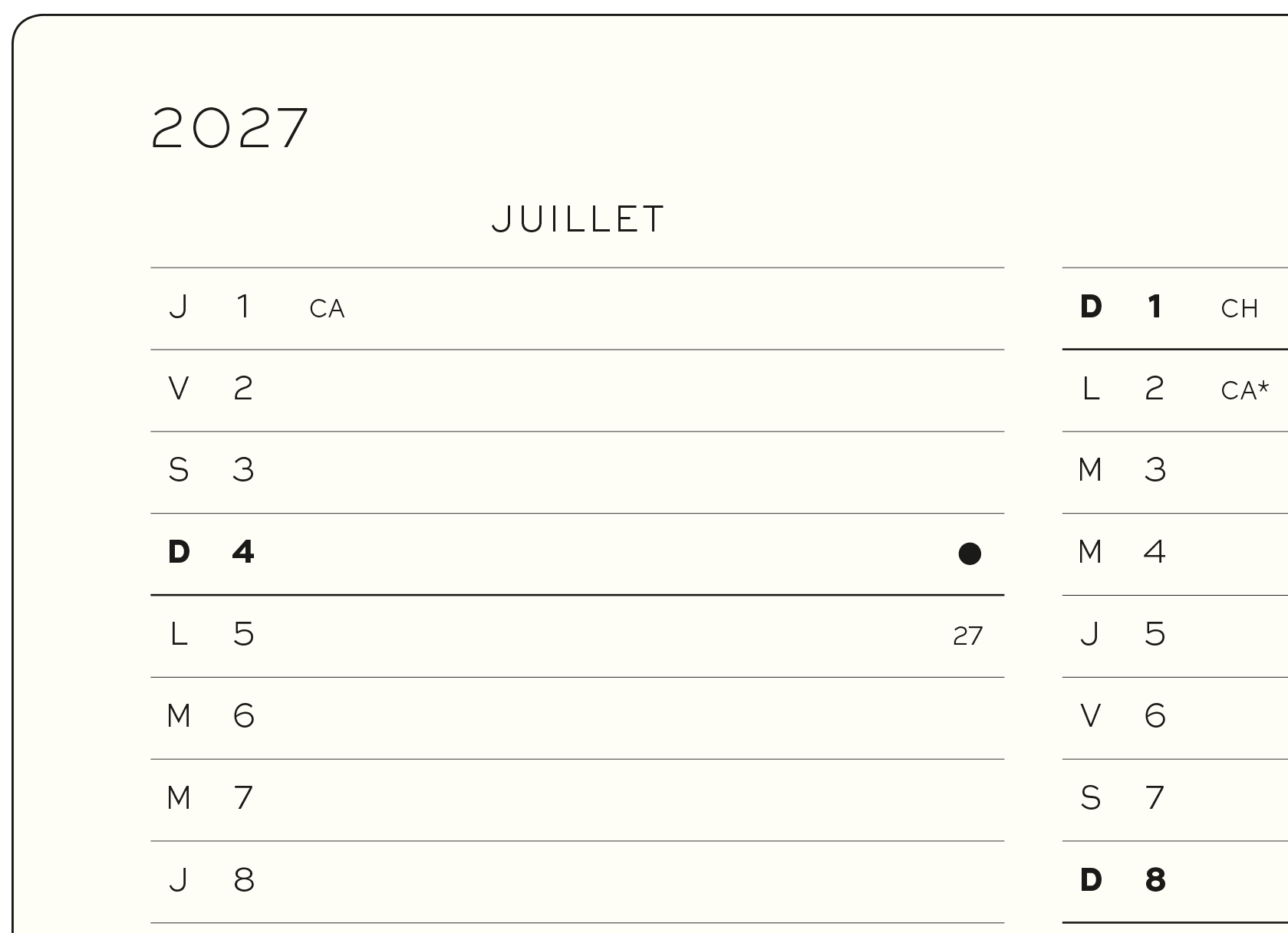 Französische Detailansicht der ersten Woche des Monats Januar in einer Monats-Jahres Übersicht.