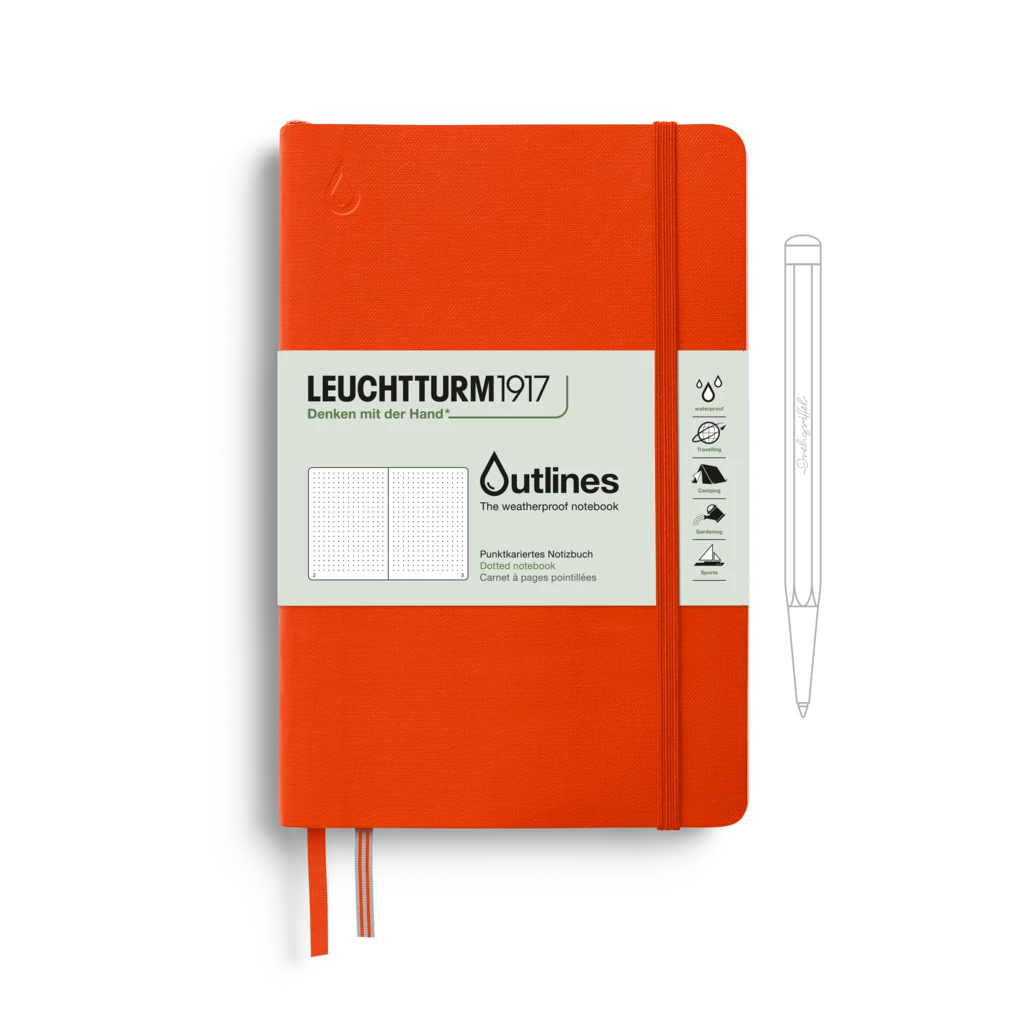 Notebook Paperback (B6+), Outlines, Flexcover, 89 num. pages, Signal Orange, dotted Notebook Paperback (B6+), Outlines, Flexcover, 89 num. pages, Signal Orange, dotted
