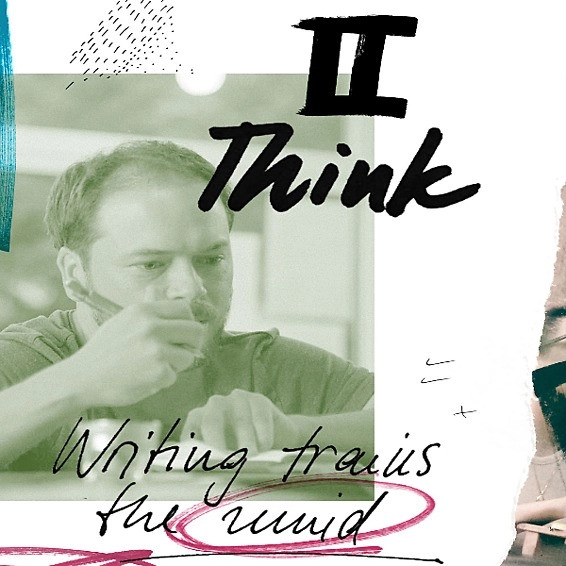 Denken mit der Hand, Denkprozess Illustration. Thinking man with graphic collage and text “II Think – Writing trains the mind”.