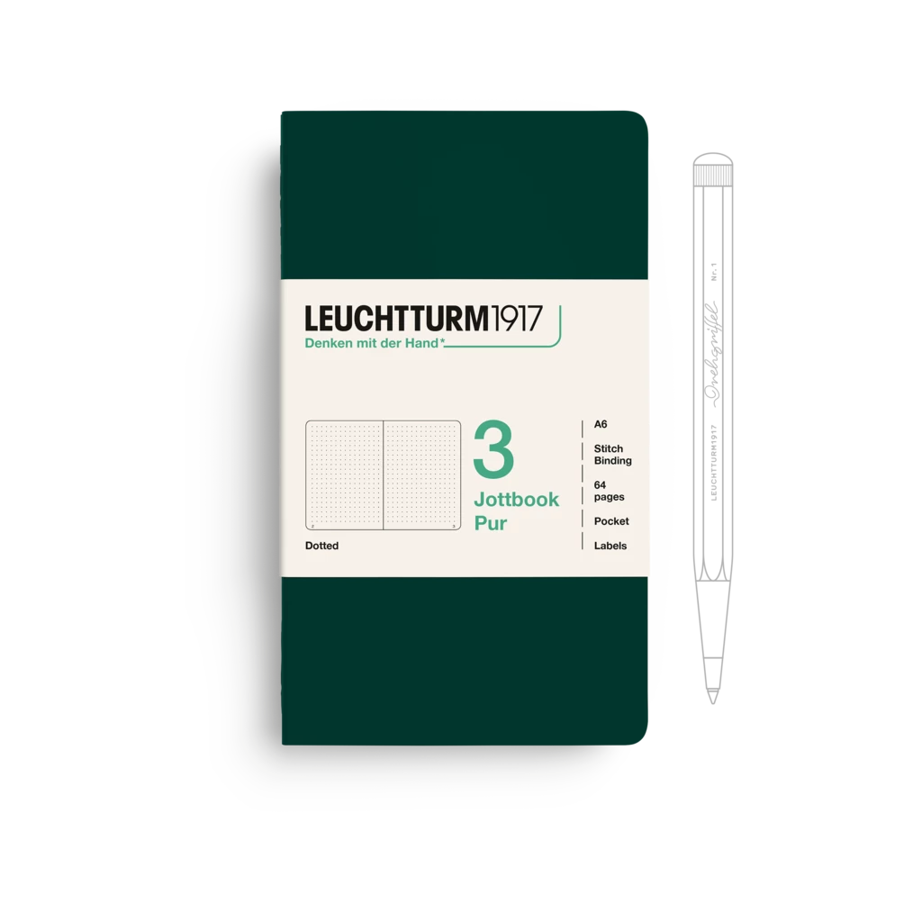 Jottbook pur (A6), 64 numbered pages, dotted, Forest Green, pack of 3