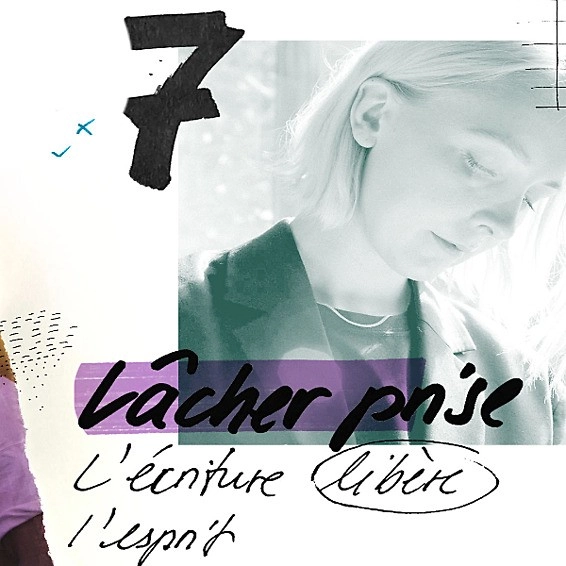 Denken mit der Hand, Illustration Loslassen. Personne pensive dans un collage graphique avec le texte « 7 Lâcher prise – L’écriture libère l’esprit ».