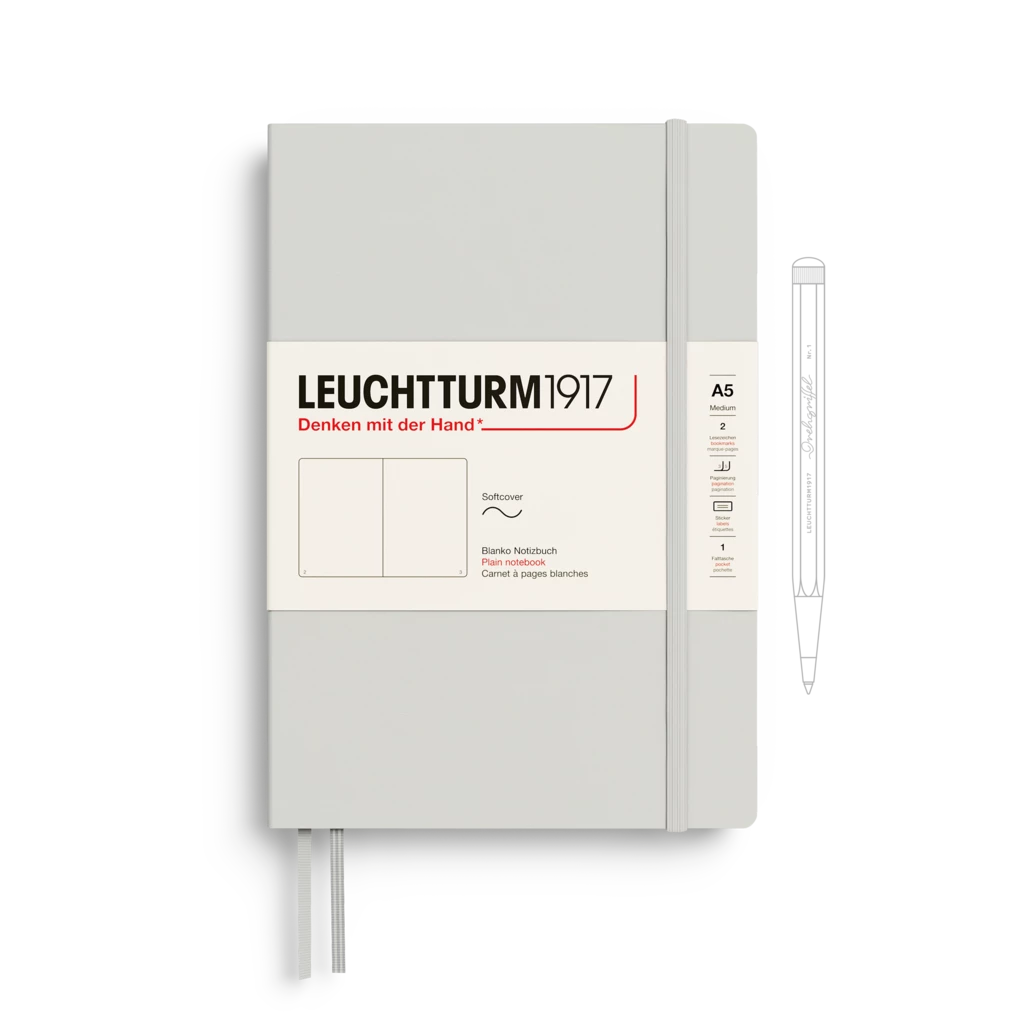 Notizbuch Medium (A5), Softcover, 123 nummerierte Seiten, Light Grey, blanko