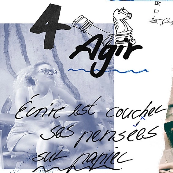 Personne pensive avec collage graphique et texte « 4 Agir – Écrire est coucher ses pensées sur papier ».