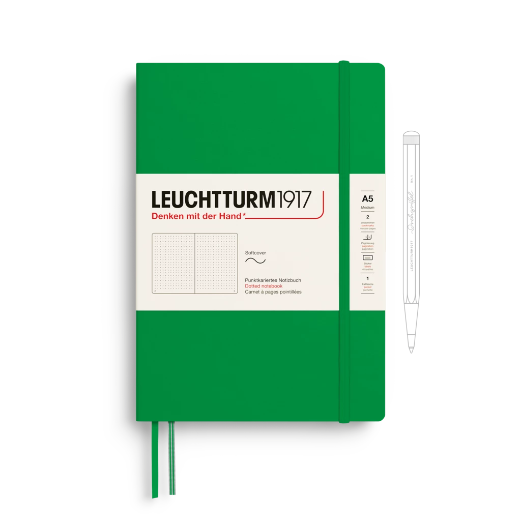 Notizbuch Medium (A5), Softcover, 123 nummerierte Seiten, Spring Leaf, dotted