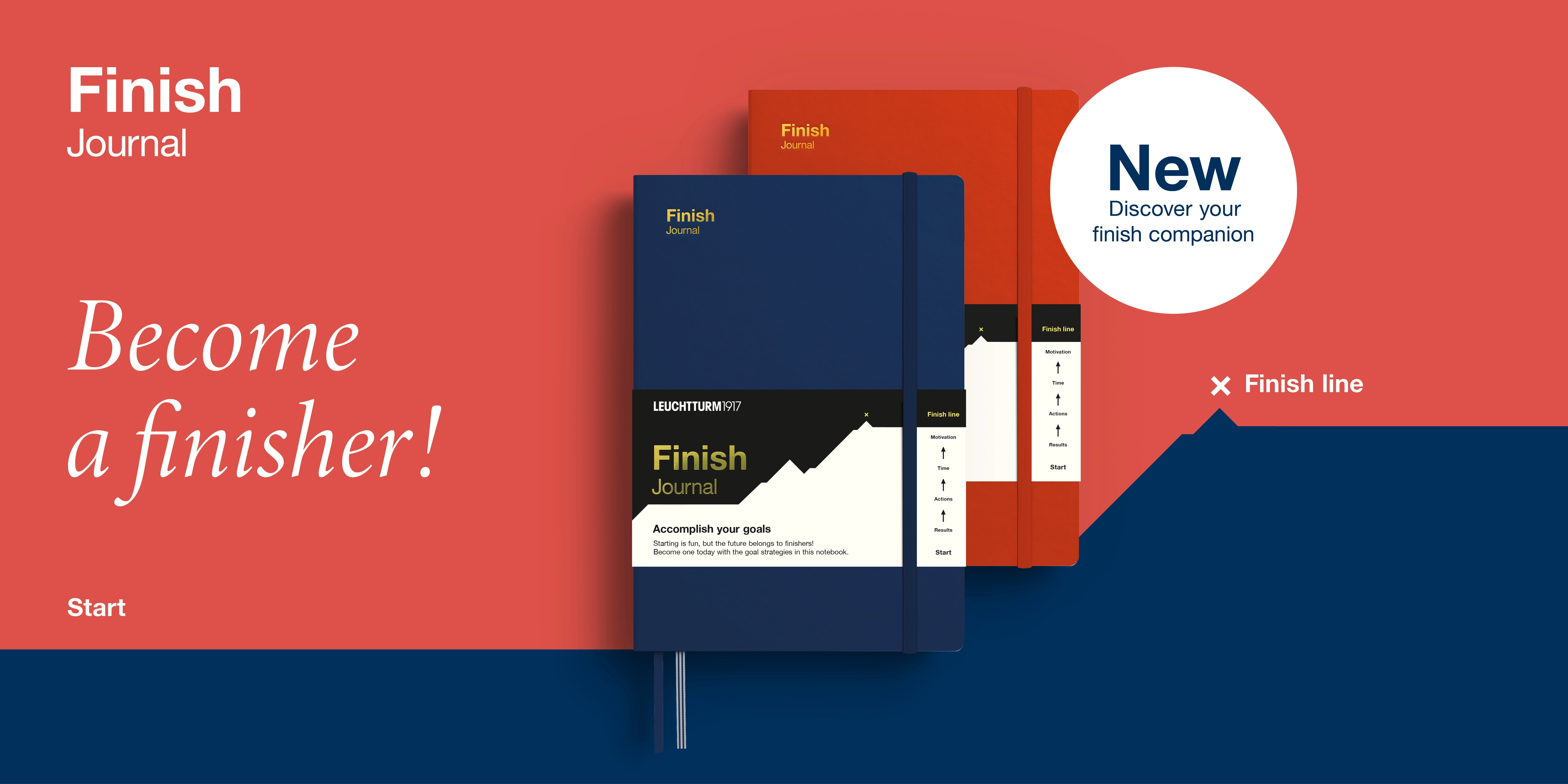 Zwei Notizbücher in Blau und Rot mit Werbetext „Become a finisher!“ und „New – Discover your finish companion“.