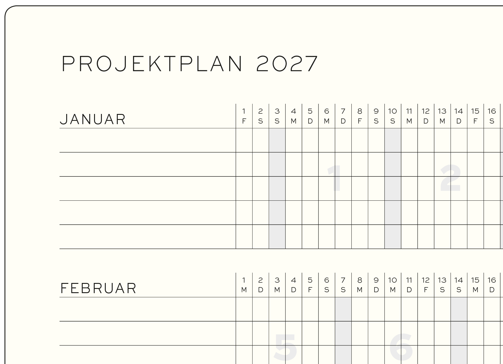 Projektplan 2027, deutscher Kalender mit Monatsübersichten und Zeitachsen für Januar und Februar.