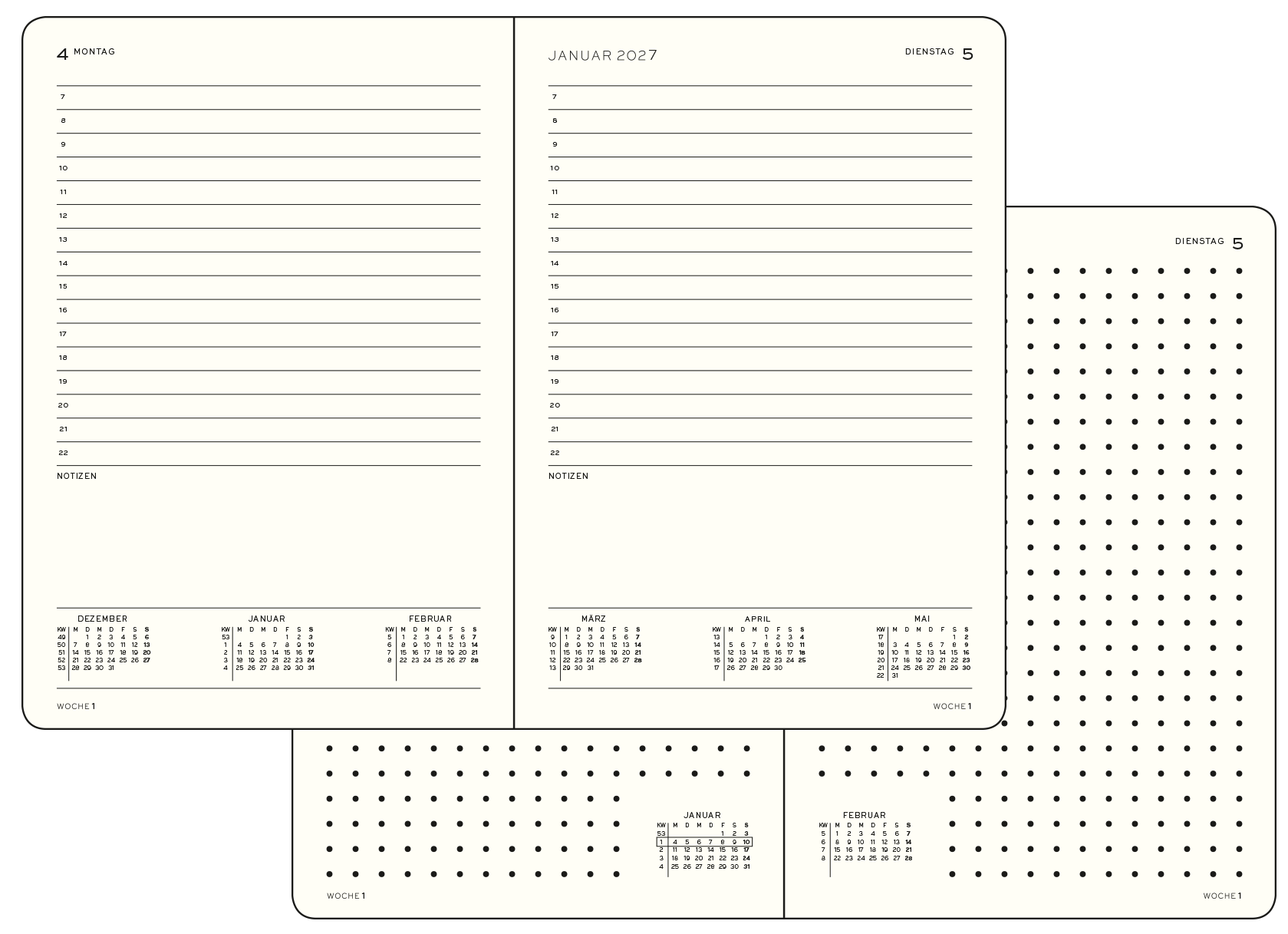 Leuchtturm1917 Tageskalender - Kalenderguide Lineaturvergleich. Beispielseite eines Tageskalenders mit nummerierten Zeilen, im Hintergrund Tageskalender mit gepunkteter Seite.