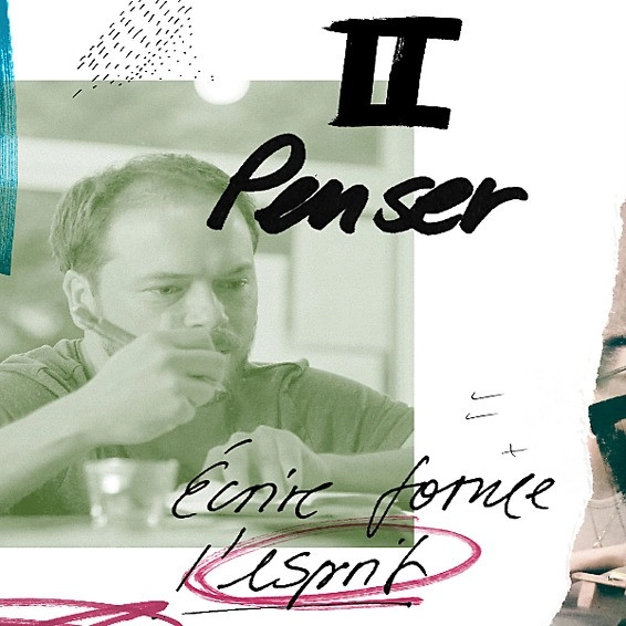 Personne réfléchissant avec collage graphique et texte « 2 Penser – Écrire forme l’esprit ».