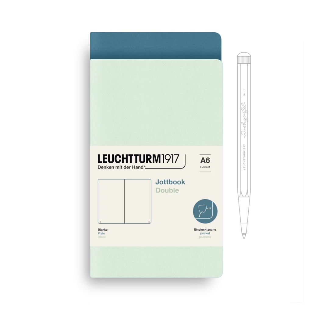 Jottbook (A6), 59 nummerierte Seiten, Blanko, Mint Green und Stone Blue, im Doppelpack Jottbook (A6), 59 nummerierte Seiten, Blanko, Mint Green und Stone Blue, im Doppelpack