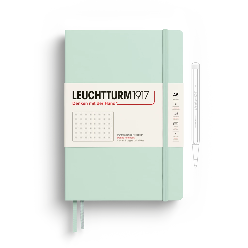 Notebook Medium (A5), Hardcover, 251 numbered pages, Mint Green, dotted