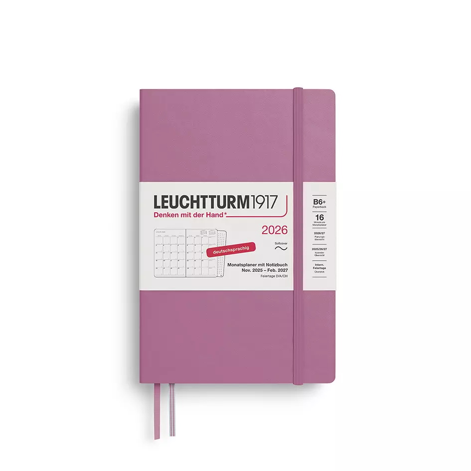 Monatsplaner & Notizbuch Paperback (B6+) 2026, 16 Monate, Softcover, Dusty Rose, Deutsch