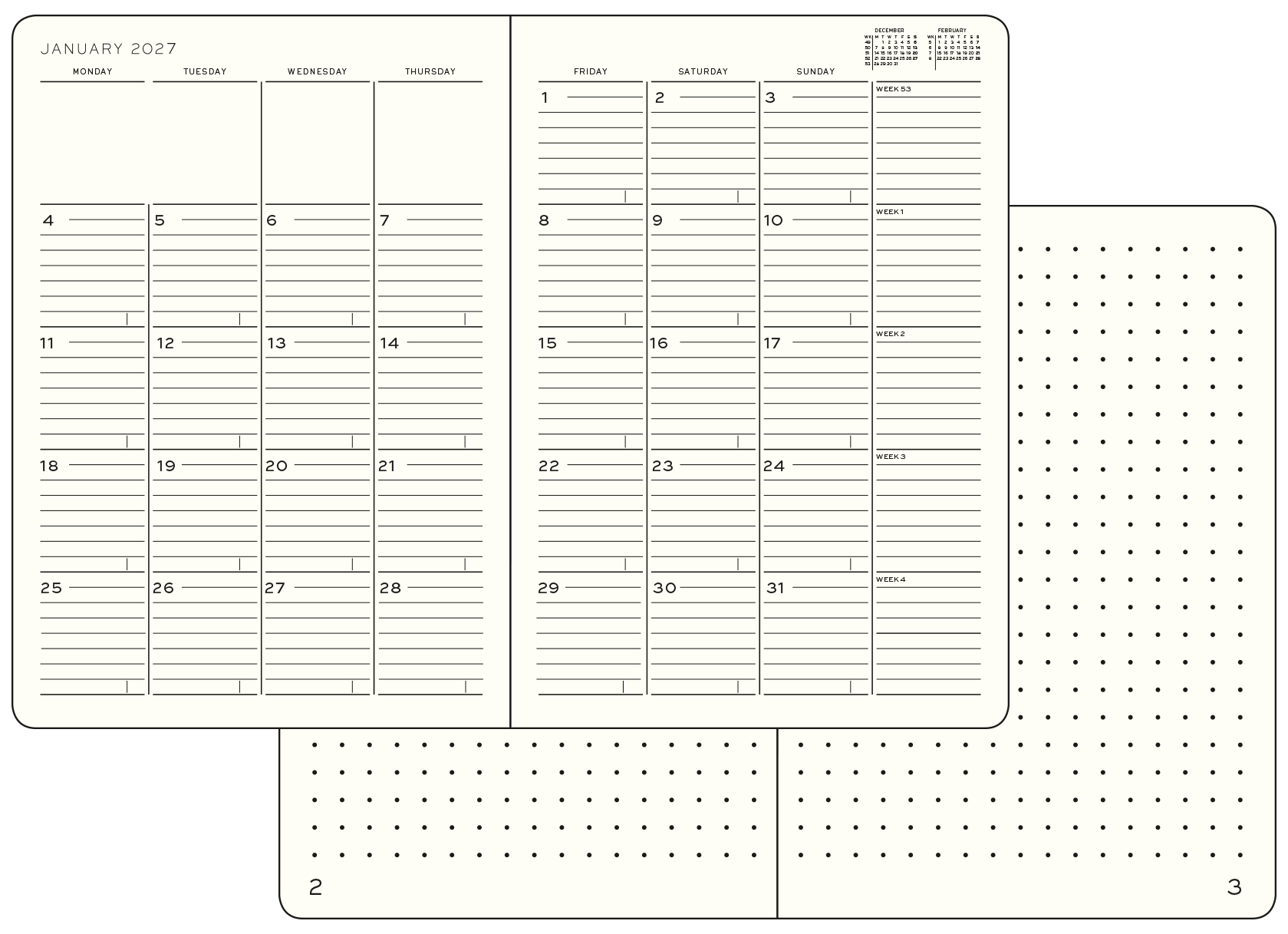 Leuchtturm1917 Kalenderguide Monatsplaner 2027. Beispielseite eines Kalenders des Monats Januar mit einem linierten Feld pro Tag, Wochentage als Überschriften, dahinter gepunktete Seite.