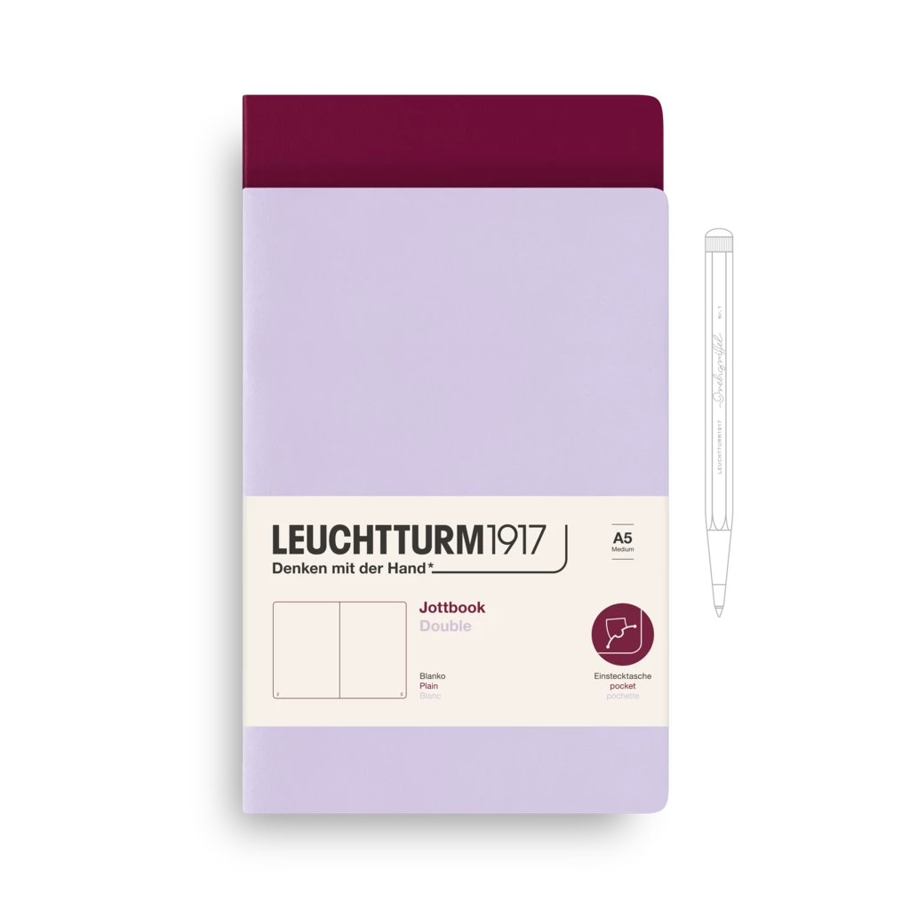 Jottbook (A5), 59 nummerierte Seiten, Blanko, Lilac und Port Red, im Doppelpack Jottbook (A5), 59 nummerierte Seiten, Blanko, Lilac und Port Red, im Doppelpack