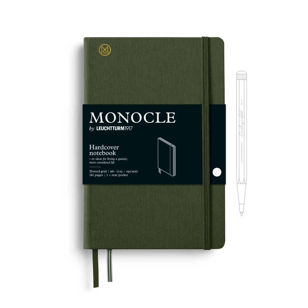 Notizbuch B6+ Monocle, Hardcover, 192 nummerierte Seiten, Olive, dotted Notizbuch B6+ Monocle, Hardcover, 192 nummerierte Seiten, Olive, dotted