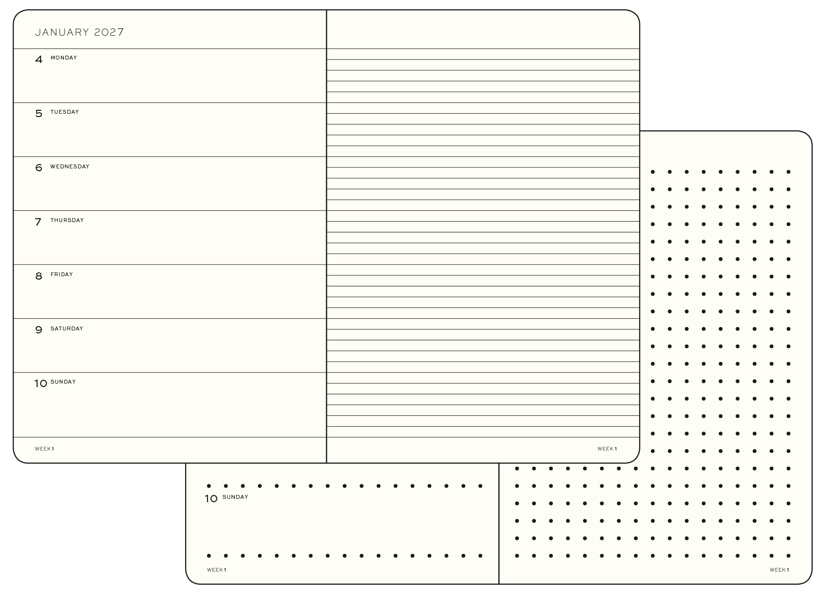 Leuchtturm1917 Kalenderguide: Wochenkalender mit Notizbuchseite - Lineaturvergleich. Januar Beispielseite eines 2027 Kalenders mit Wochenaufteilung, eine Seite Tage, andere Seite liniert, im Hintergrund gleicher Aufbau mit gepunkteter Seite.