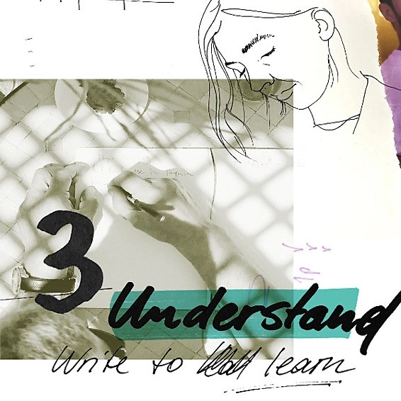 Writing hands in graphic collage with text “3 Understand – Write to learn”.