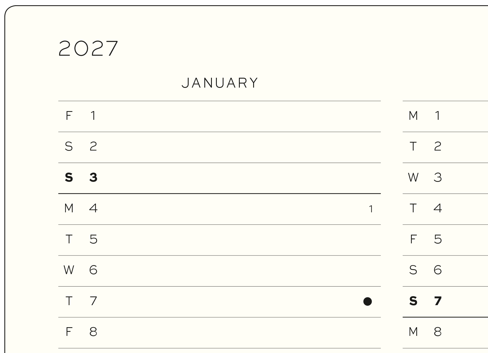 Kalenderguide Monats-Jahres Übersicht 2027 Englisch. Englische Detailansicht der ersten Woche des Monats Januar in einer Monats-Jahres Übersicht.