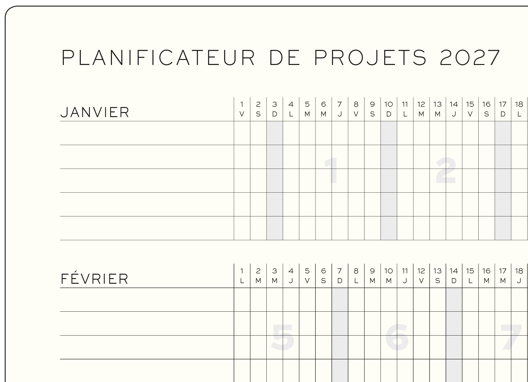 Projektplan 2027, französischer Kalender mit Monatsübersichten und Zeitachsen.