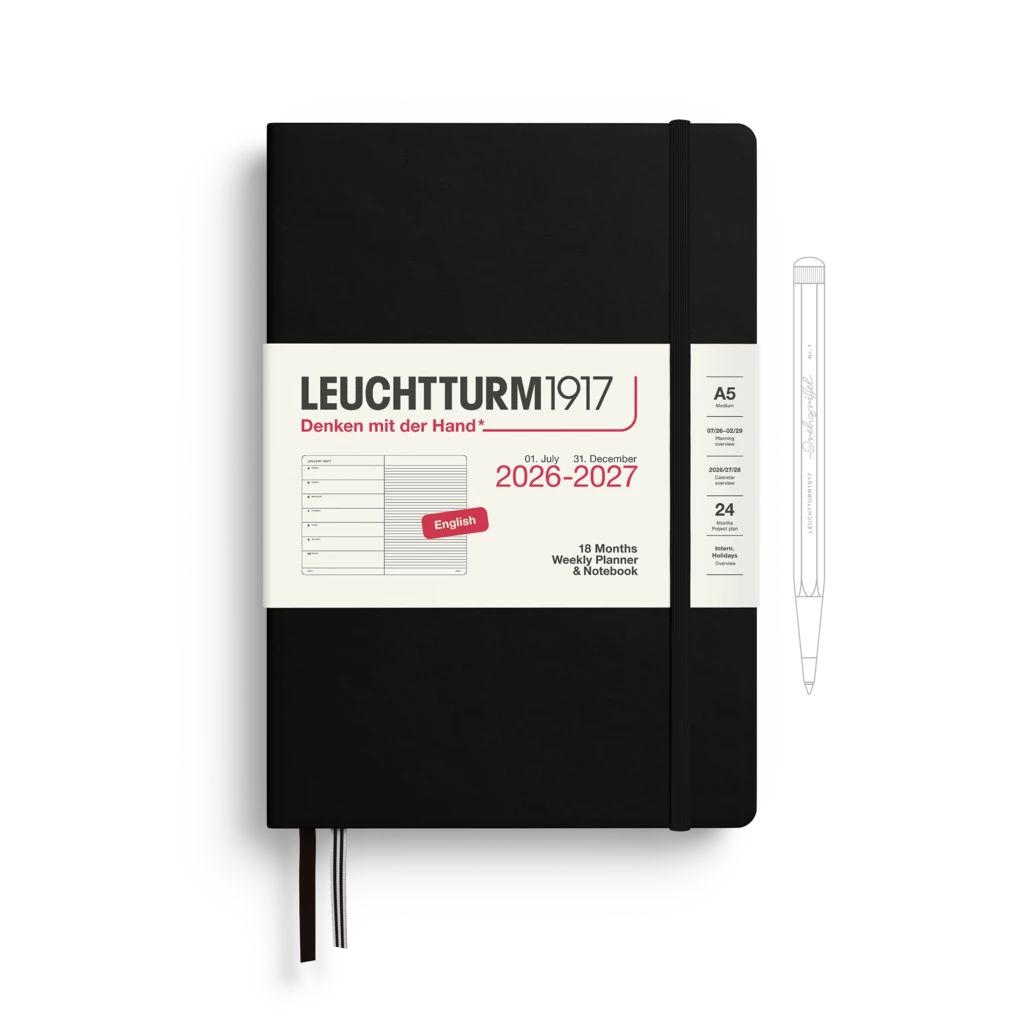 Weekly Planner & Notebook Medium (A5) 2027, 18 Months, Black, English