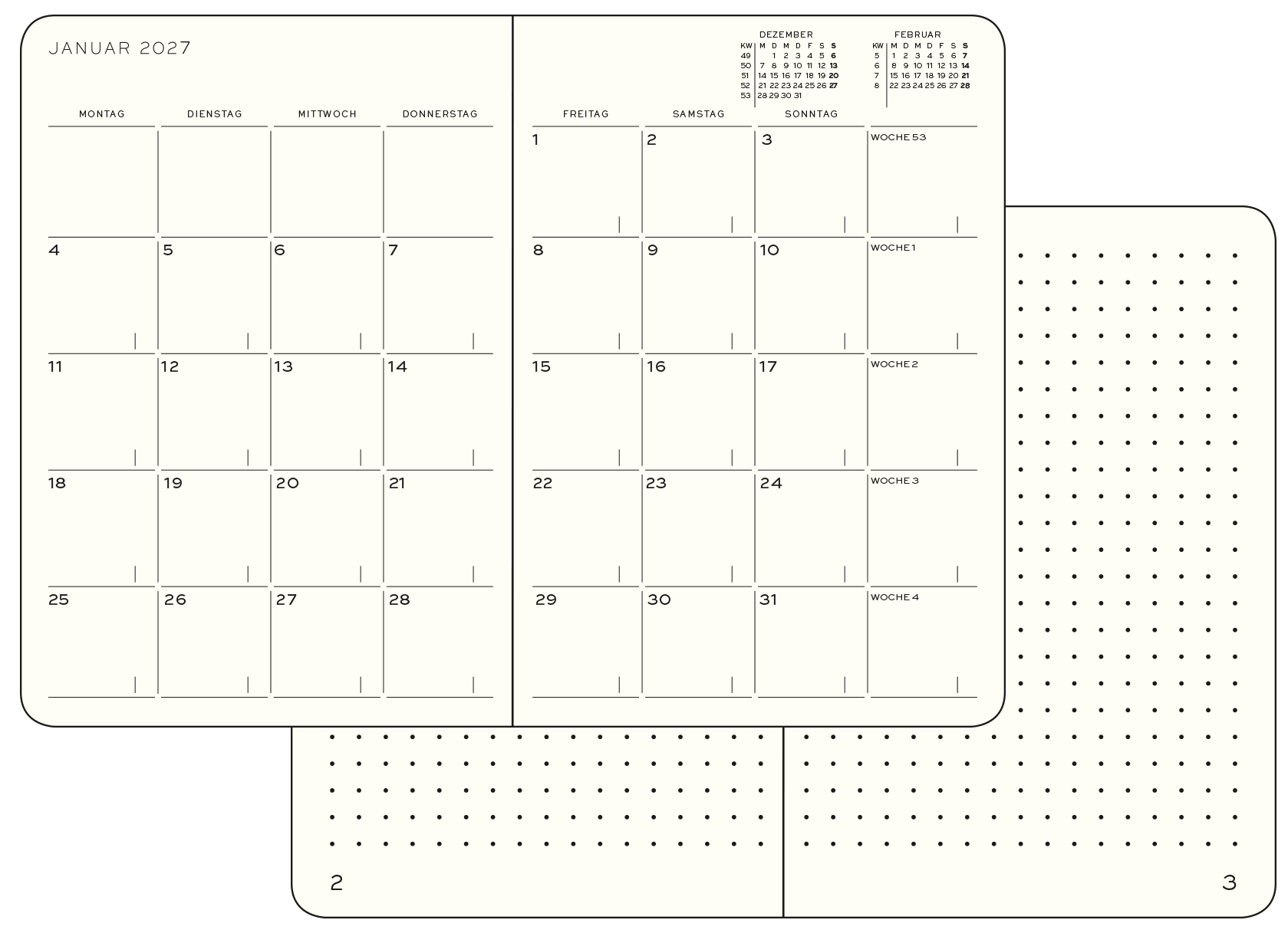 Leuchtturm1917 Kalenderguide: Monatsplaner mit Notizbuch 2027. Beispielseite eines Kalenders des Monats Januar mit einem Feld pro Tag, Wochentage als Überschriften, dahinter gepunktete Seite.