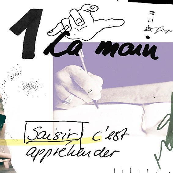 Denken mit der Hand, Illustration die Hand. Main écrivant avec collage graphique et texte « 1 La main – Saisir c’est appréhender ».